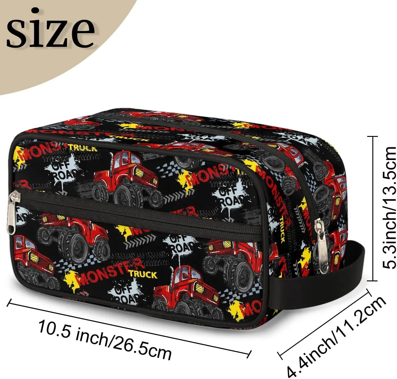 Boys Travel Toiletry Bag, Red Monster Car Trucks Kids Waterproof Hanging Dopp Kit, Wash Bag with Large Capacity for Travel, Sports, Shower