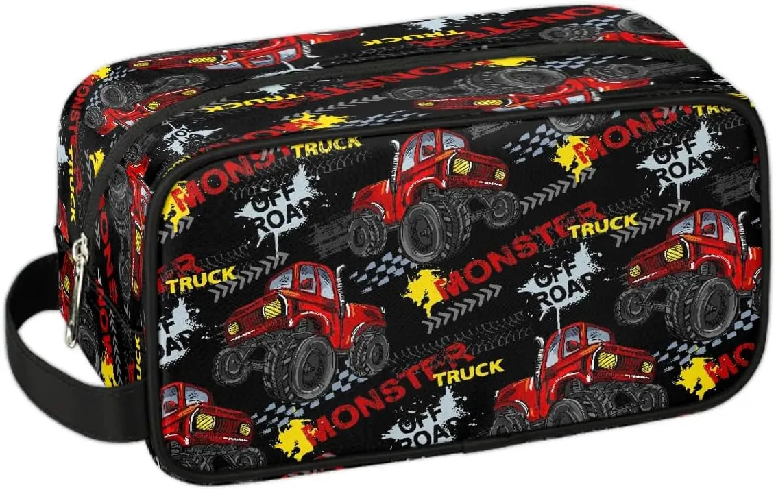 Boys Travel Toiletry Bag, Red Monster Car Trucks Kids Waterproof Hanging Dopp Kit, Wash Bag with Large Capacity for Travel, Sports, Shower