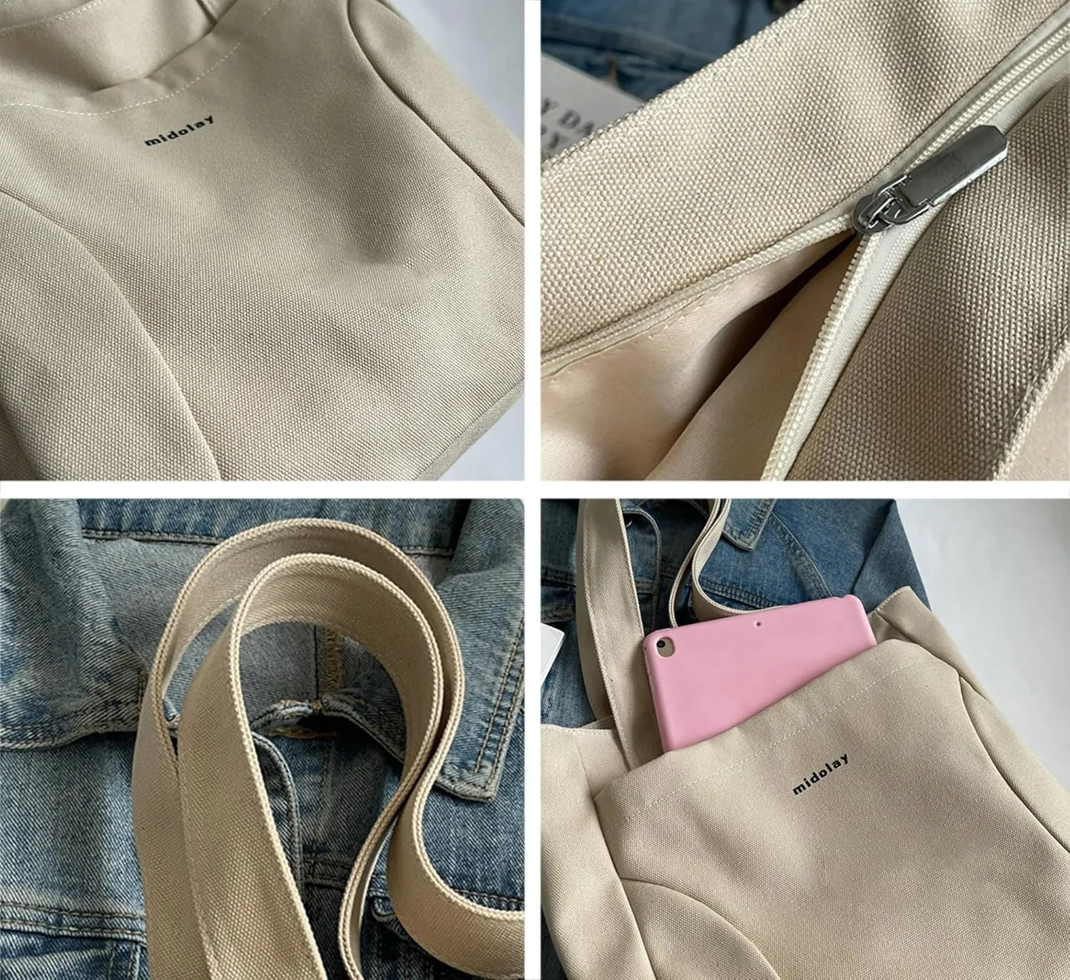 Canvas Tote Bags for Women Foldable Hobo Bags for Women with Zipper Slouchy Shoulder Bag for Gym Travel Work Beach
