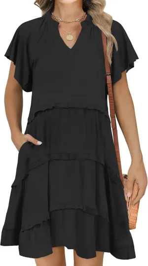 Caracilia Women Summer Casual V Neck Flutter Sleeve Sundress Boho Flowy Ruffle Tiered Spring Beach Vacation Short Mini Dress