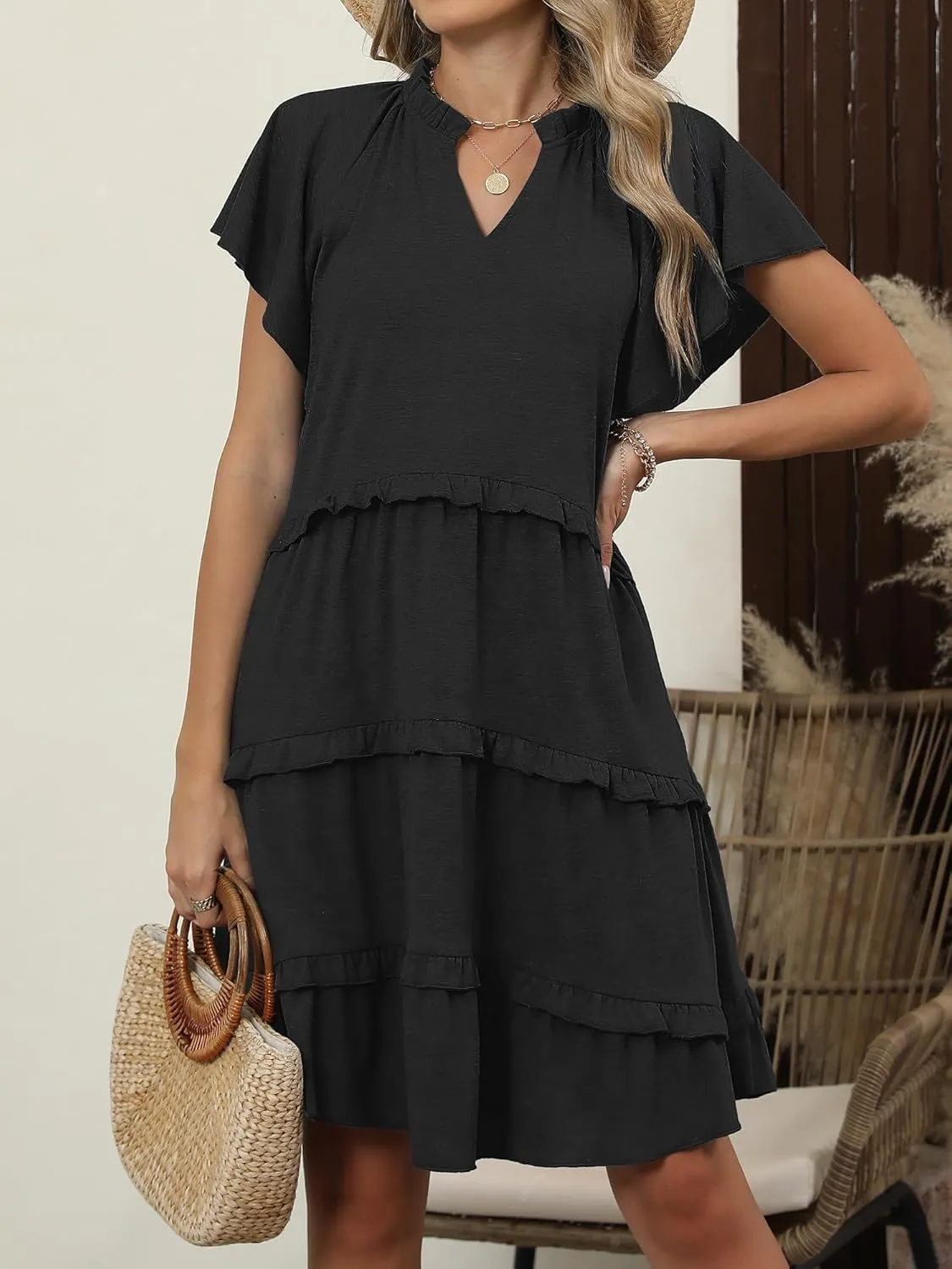 Caracilia Women Summer Casual V Neck Flutter Sleeve Sundress Boho Flowy Ruffle Tiered Spring Beach Vacation Short Mini Dress