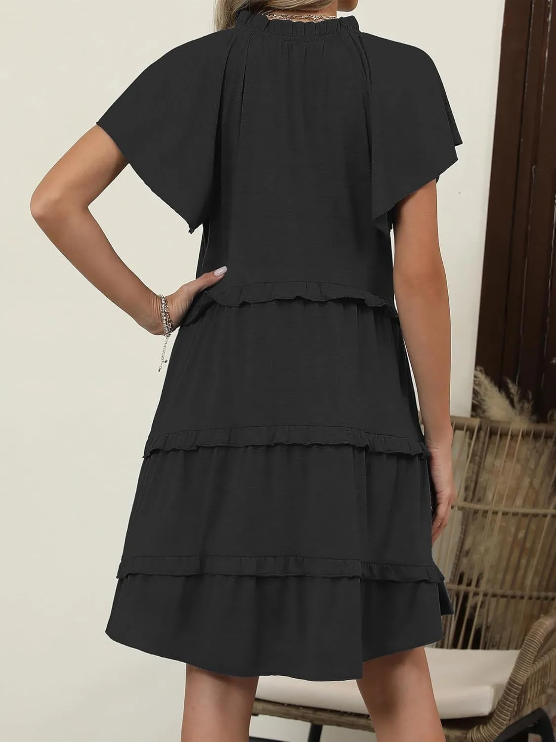 Caracilia Women Summer Casual V Neck Flutter Sleeve Sundress Boho Flowy Ruffle Tiered Spring Beach Vacation Short Mini Dress