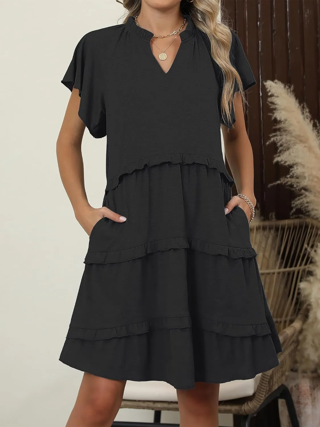 Caracilia Women Summer Casual V Neck Flutter Sleeve Sundress Boho Flowy Ruffle Tiered Spring Beach Vacation Short Mini Dress