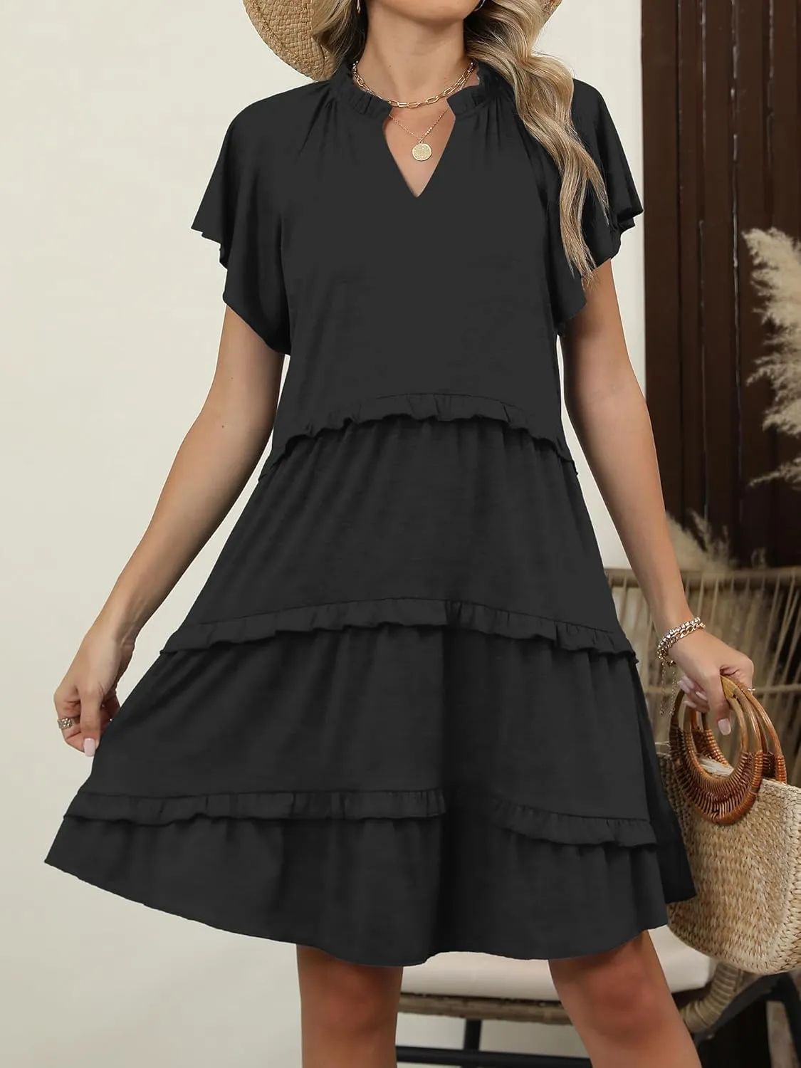 Caracilia Women Summer Casual V Neck Flutter Sleeve Sundress Boho Flowy Ruffle Tiered Spring Beach Vacation Short Mini Dress
