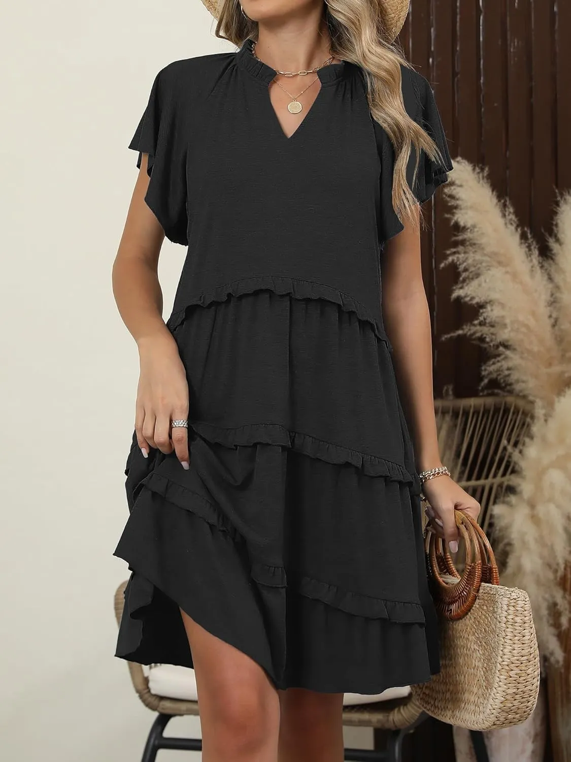 Caracilia Women Summer Casual V Neck Flutter Sleeve Sundress Boho Flowy Ruffle Tiered Spring Beach Vacation Short Mini Dress