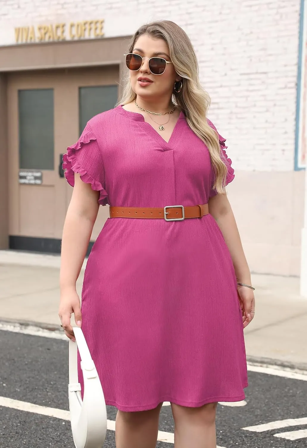 Celkuser Plus Size Summer Casual Dresses for Women V Neck Ruffle Cap Short Sleeve Flowy Midi Dress with Pocket