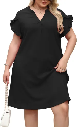 Celkuser Plus Size Summer Casual Dresses for Women V Neck Ruffle Cap Short Sleeve Flowy Midi Dress with Pocket