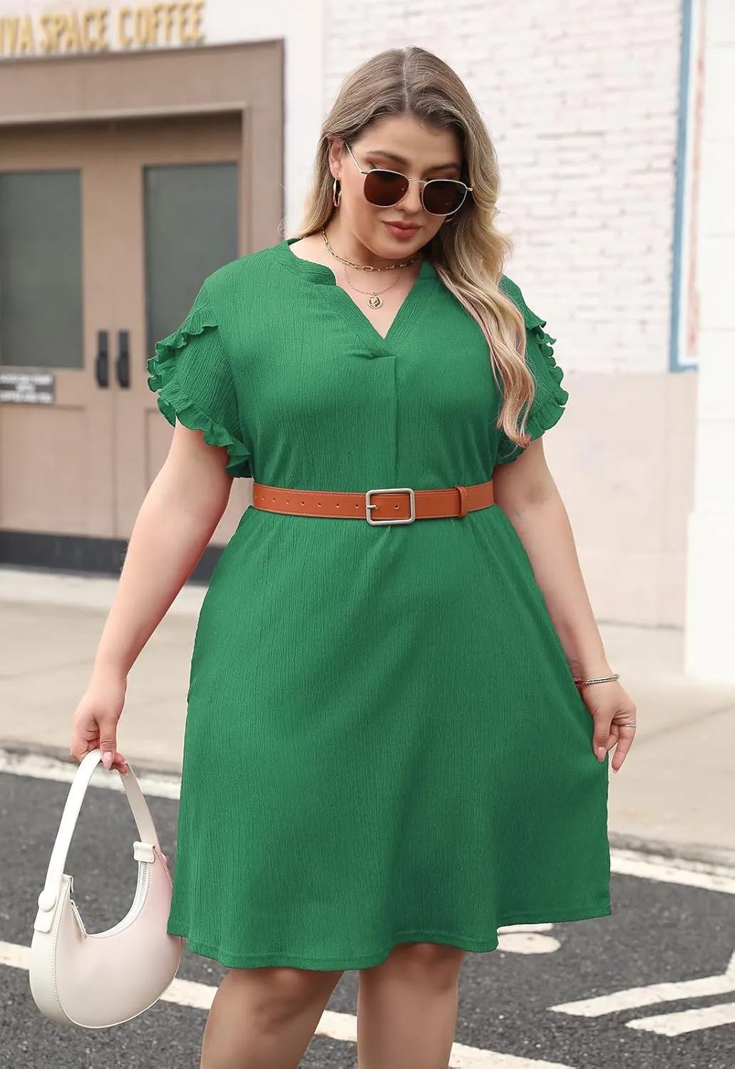 Celkuser Plus Size Summer Casual Dresses for Women V Neck Ruffle Cap Short Sleeve Flowy Midi Dress with Pocket
