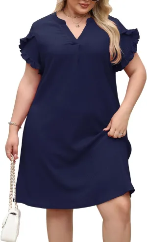 Celkuser Plus Size Summer Casual Dresses for Women V Neck Ruffle Cap Short Sleeve Flowy Midi Dress with Pocket