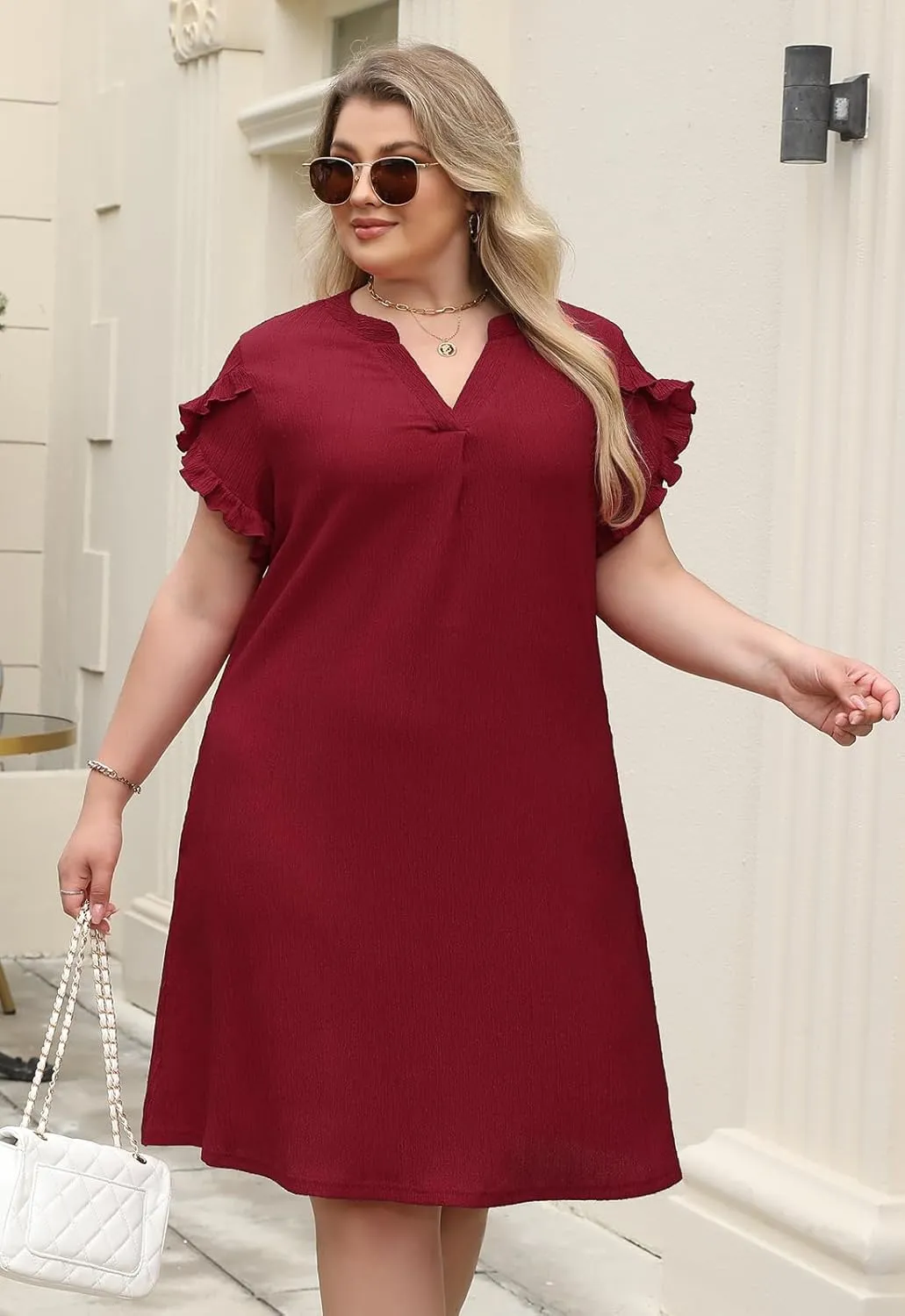 Celkuser Plus Size Summer Casual Dresses for Women V Neck Ruffle Cap Short Sleeve Flowy Midi Dress with Pocket