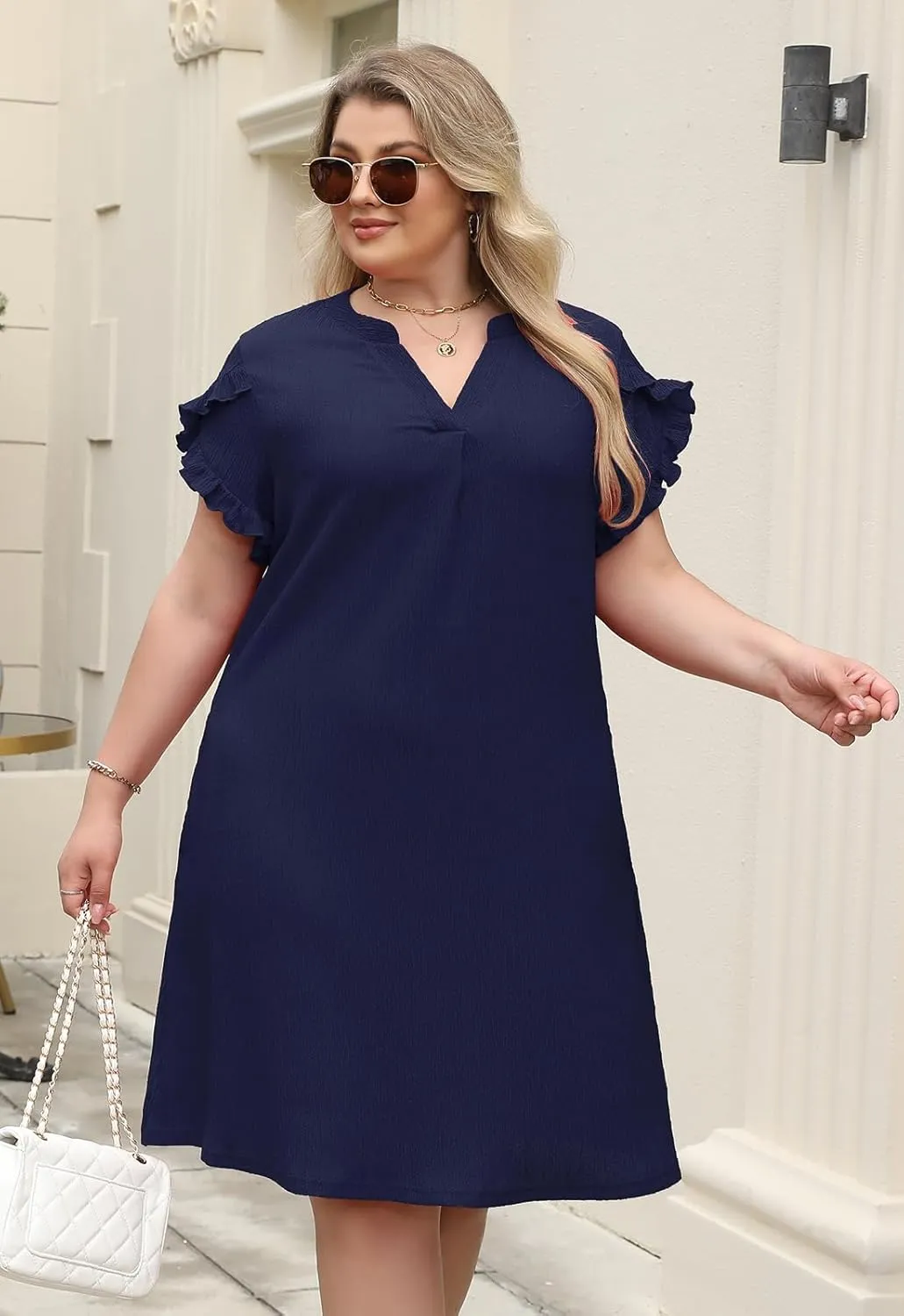 Celkuser Plus Size Summer Casual Dresses for Women V Neck Ruffle Cap Short Sleeve Flowy Midi Dress with Pocket