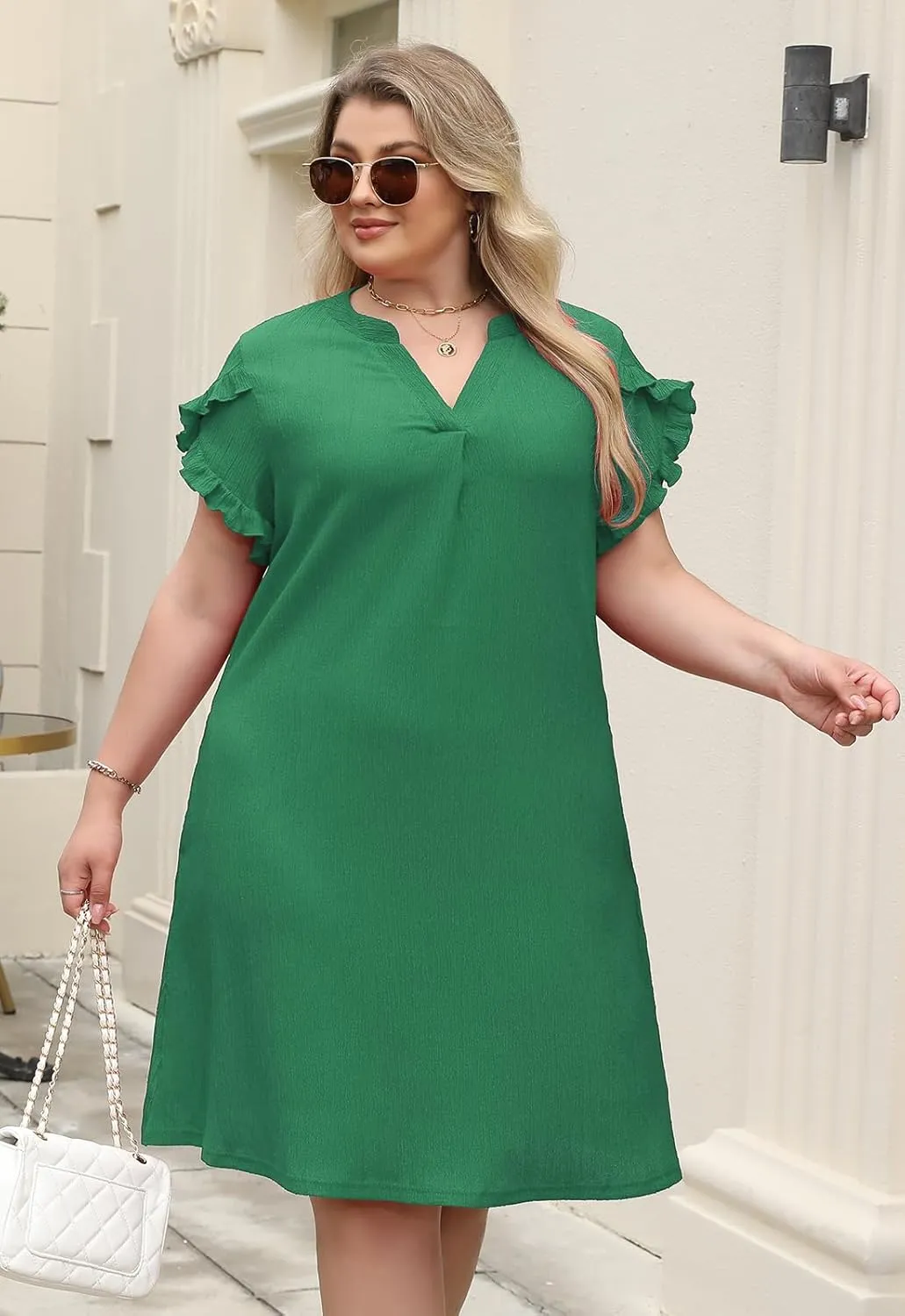 Celkuser Plus Size Summer Casual Dresses for Women V Neck Ruffle Cap Short Sleeve Flowy Midi Dress with Pocket