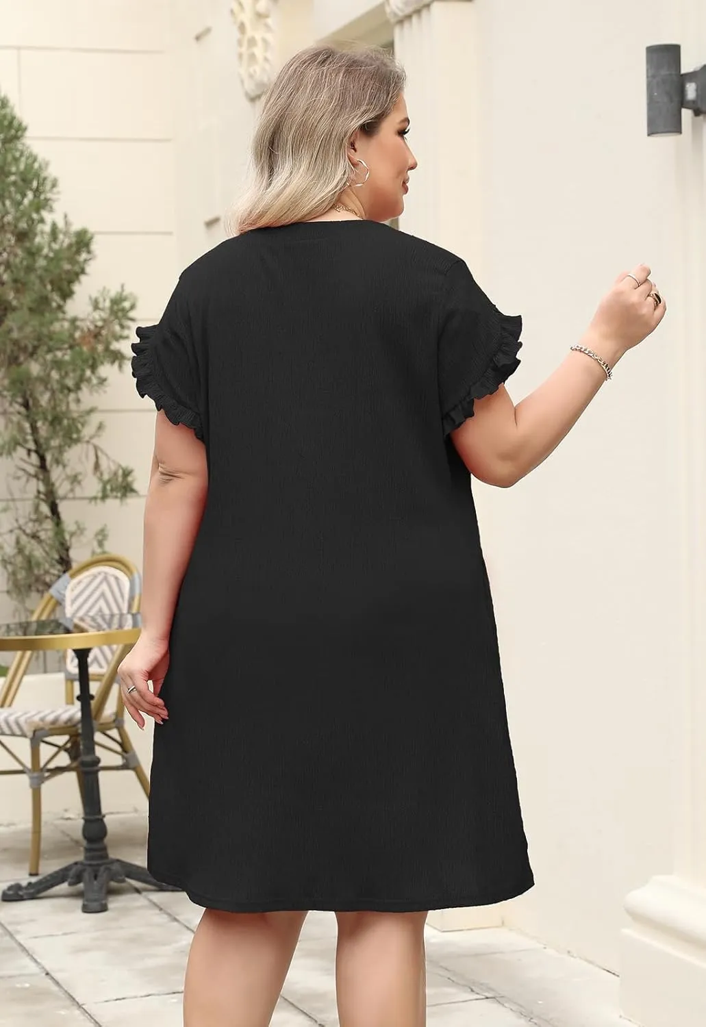 Celkuser Plus Size Summer Casual Dresses for Women V Neck Ruffle Cap Short Sleeve Flowy Midi Dress with Pocket