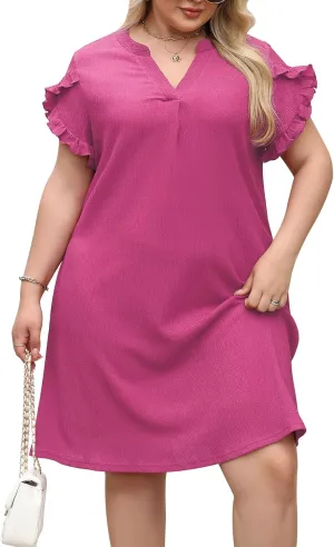 Celkuser Plus Size Summer Casual Dresses for Women V Neck Ruffle Cap Short Sleeve Flowy Midi Dress with Pocket