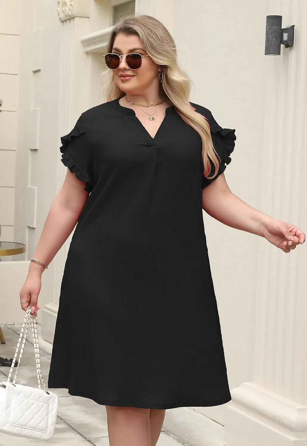 Celkuser Plus Size Summer Casual Dresses for Women V Neck Ruffle Cap Short Sleeve Flowy Midi Dress with Pocket