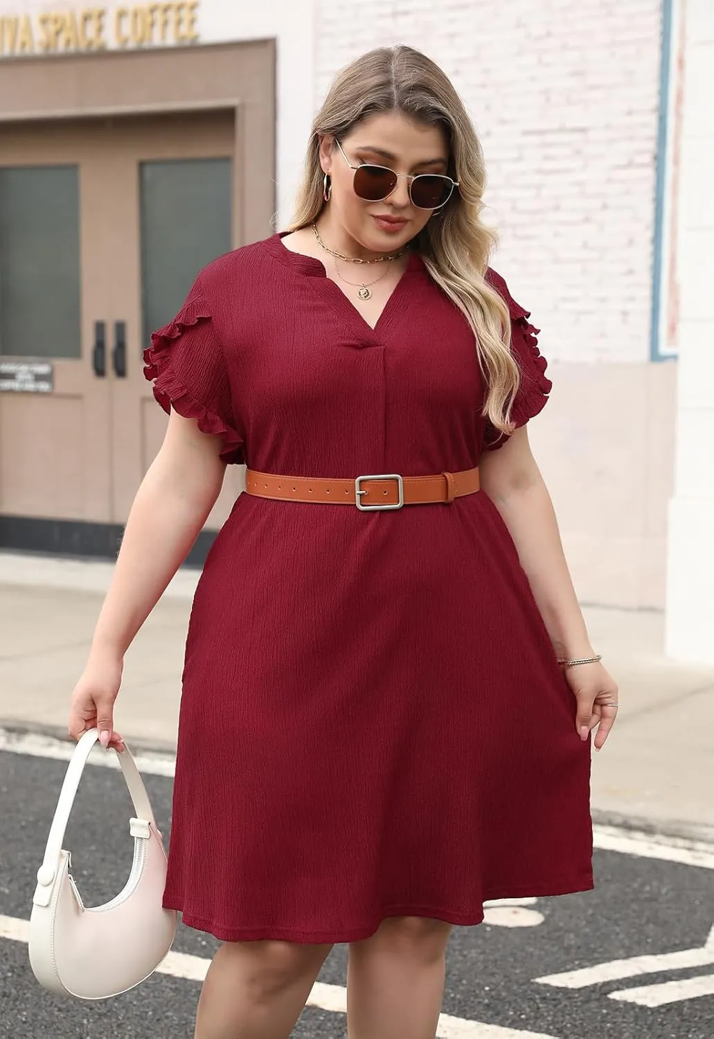 Celkuser Plus Size Summer Casual Dresses for Women V Neck Ruffle Cap Short Sleeve Flowy Midi Dress with Pocket