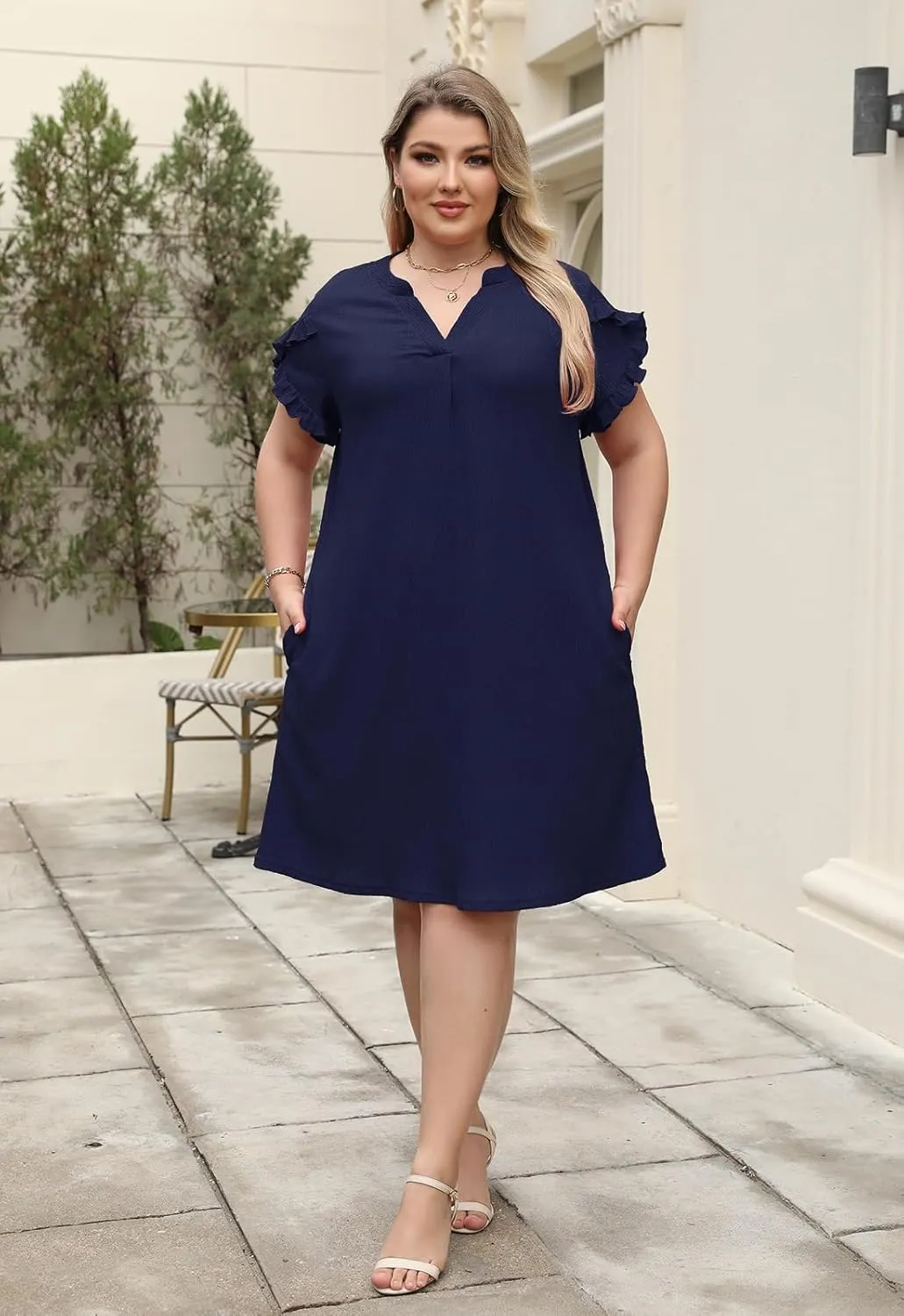 Celkuser Plus Size Summer Casual Dresses for Women V Neck Ruffle Cap Short Sleeve Flowy Midi Dress with Pocket