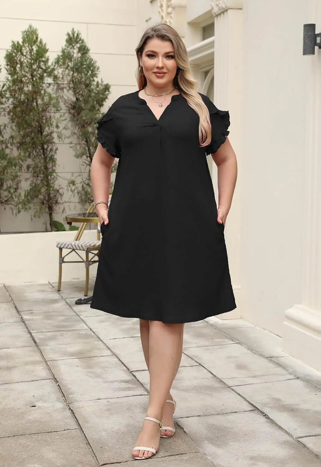 Celkuser Plus Size Summer Casual Dresses for Women V Neck Ruffle Cap Short Sleeve Flowy Midi Dress with Pocket