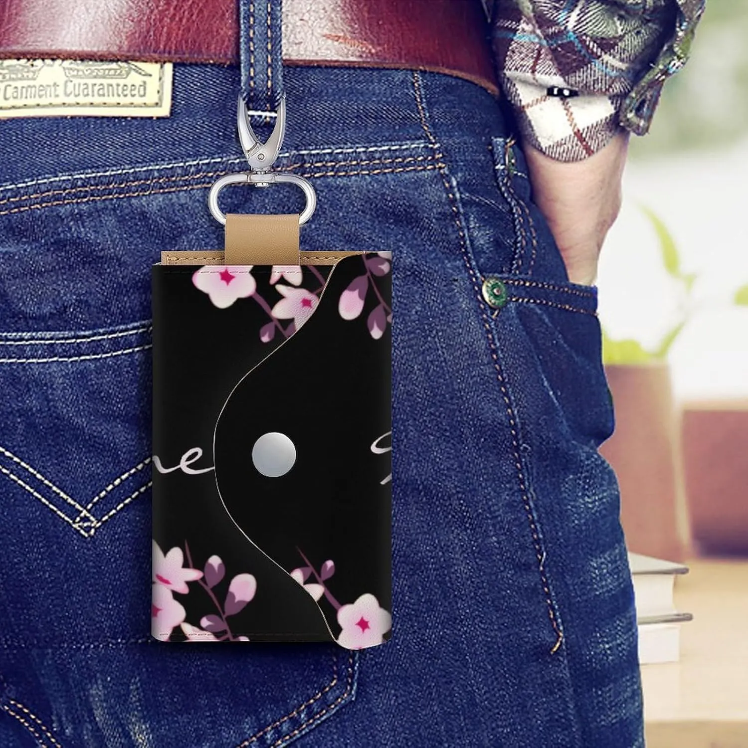 Cherry Blossom Pink Black Portable And Compact Leather Keybag
