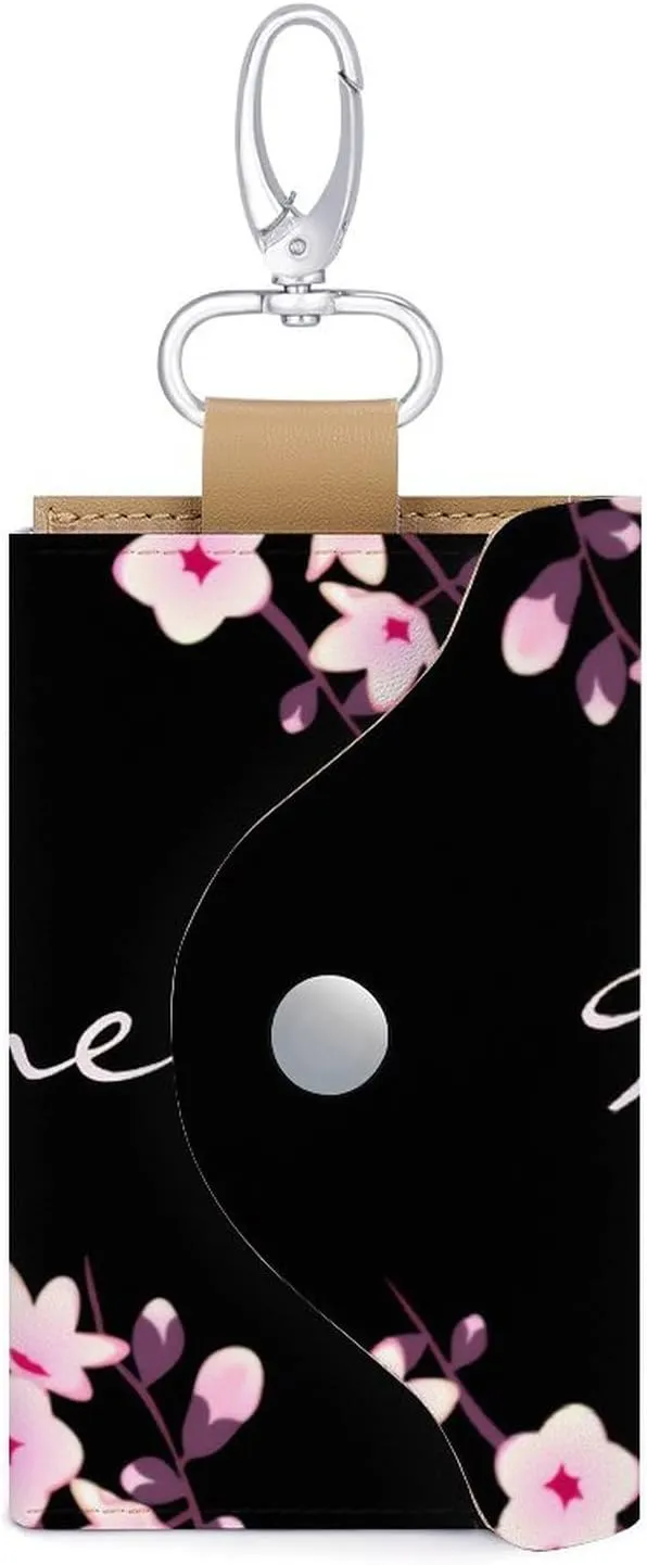 Cherry Blossom Pink Black Portable And Compact Leather Keybag