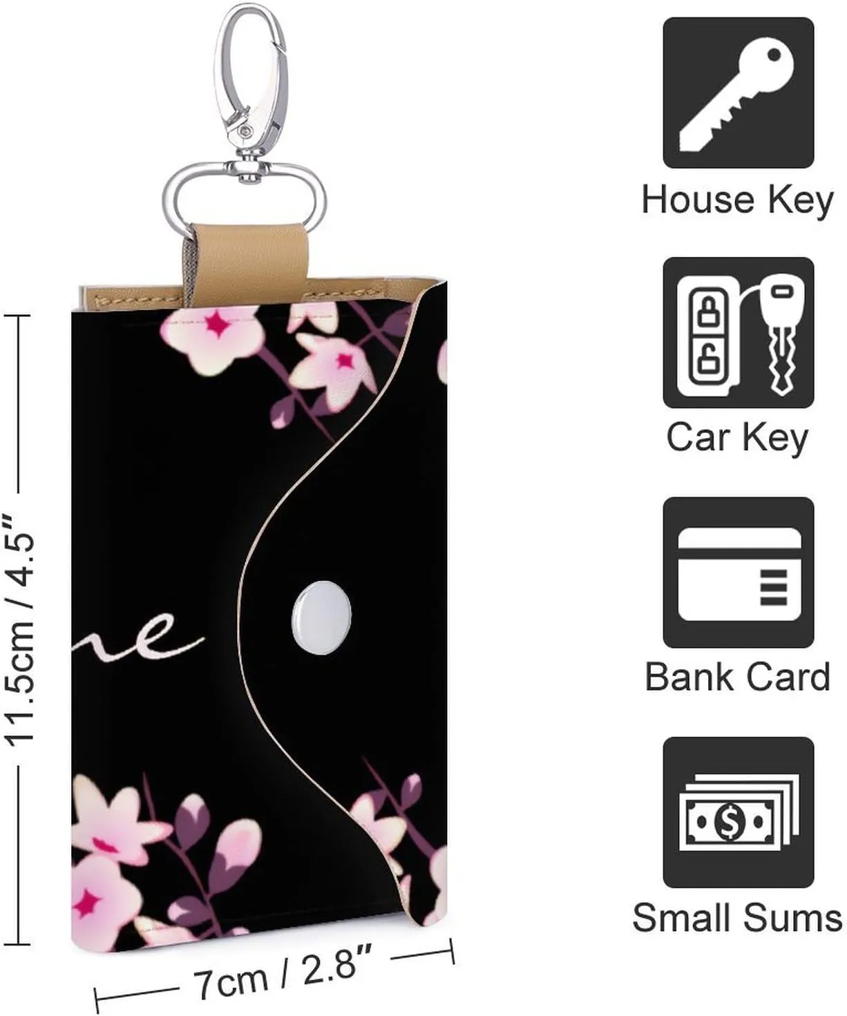 Cherry Blossom Pink Black Portable And Compact Leather Keybag