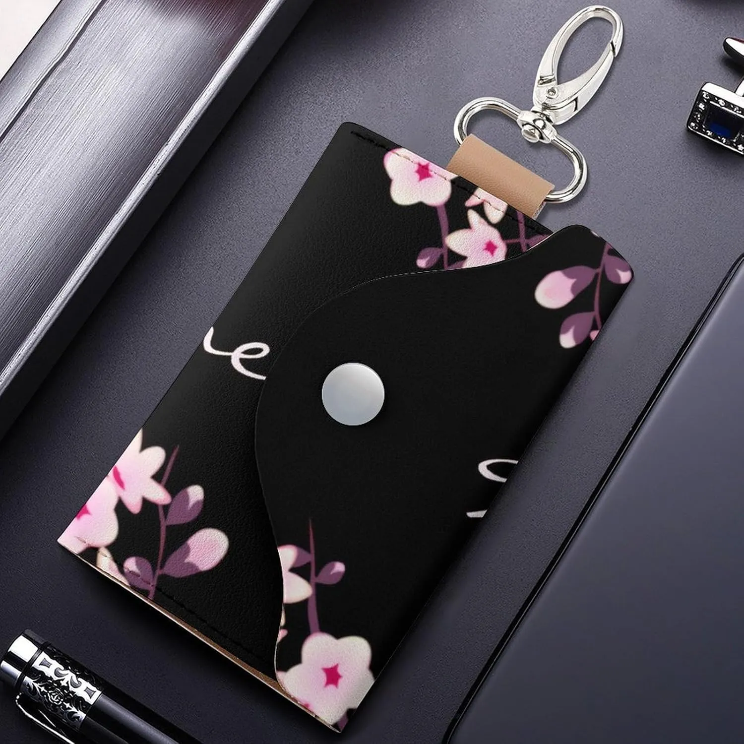Cherry Blossom Pink Black Portable And Compact Leather Keybag
