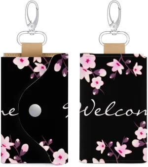 Cherry Blossom Pink Black Portable And Compact Leather Keybag