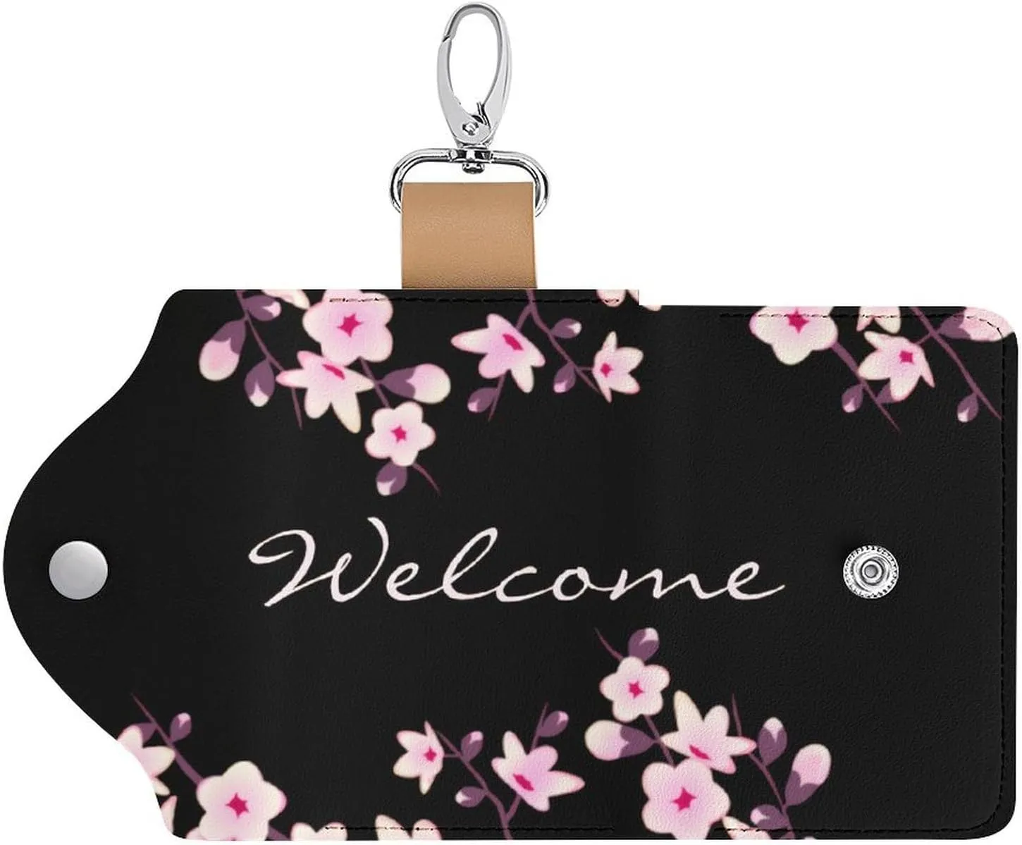 Cherry Blossom Pink Black Portable And Compact Leather Keybag