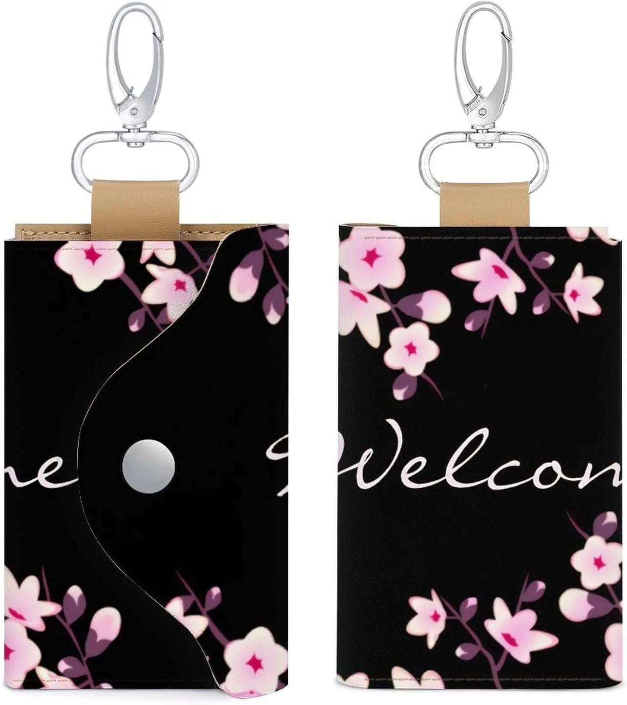 Cherry Blossom Pink Black Portable And Compact Leather Keybag