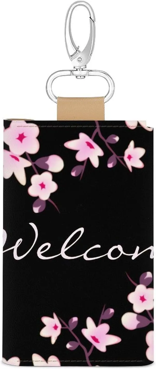 Cherry Blossom Pink Black Portable And Compact Leather Keybag