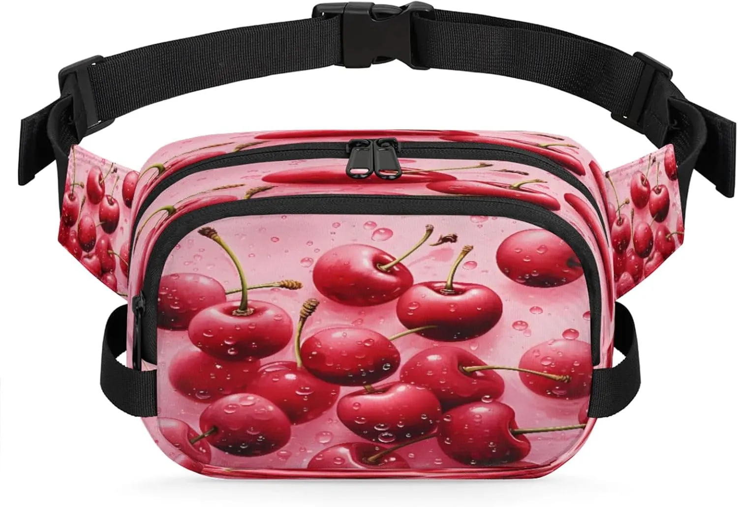 Cherry Splash Waterproof Unisex Square Fanny Pack, Adjustable Waist Bag with Pockets, Sturdy Lightweight Crossbody Bag for Travel, Running, Hiking (9x6.1x2.5 Inches)