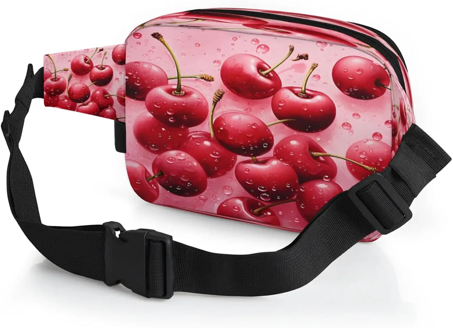 Cherry Splash Waterproof Unisex Square Fanny Pack, Adjustable Waist Bag with Pockets, Sturdy Lightweight Crossbody Bag for Travel, Running, Hiking (9x6.1x2.5 Inches)