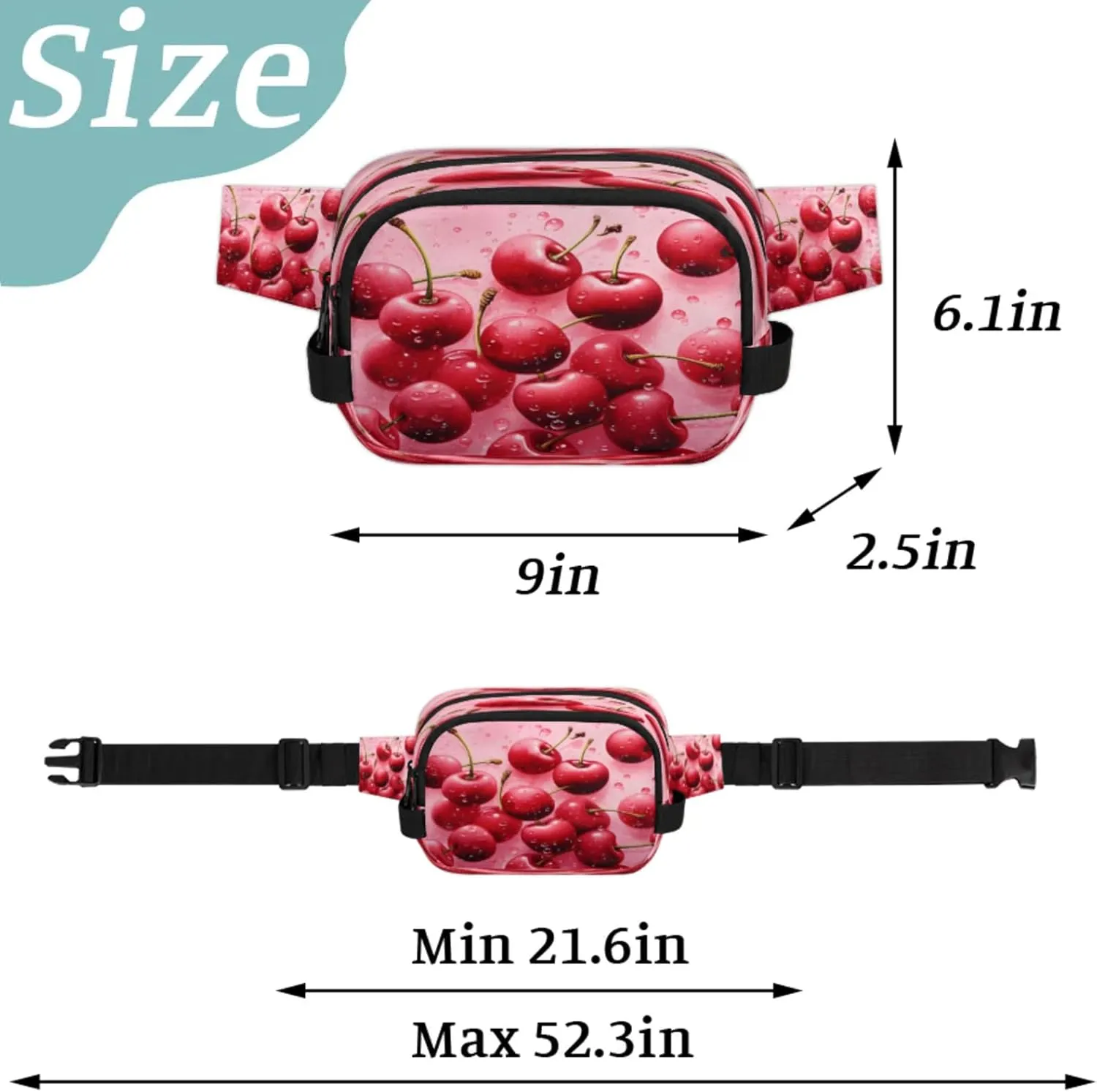 Cherry Splash Waterproof Unisex Square Fanny Pack, Adjustable Waist Bag with Pockets, Sturdy Lightweight Crossbody Bag for Travel, Running, Hiking (9x6.1x2.5 Inches)