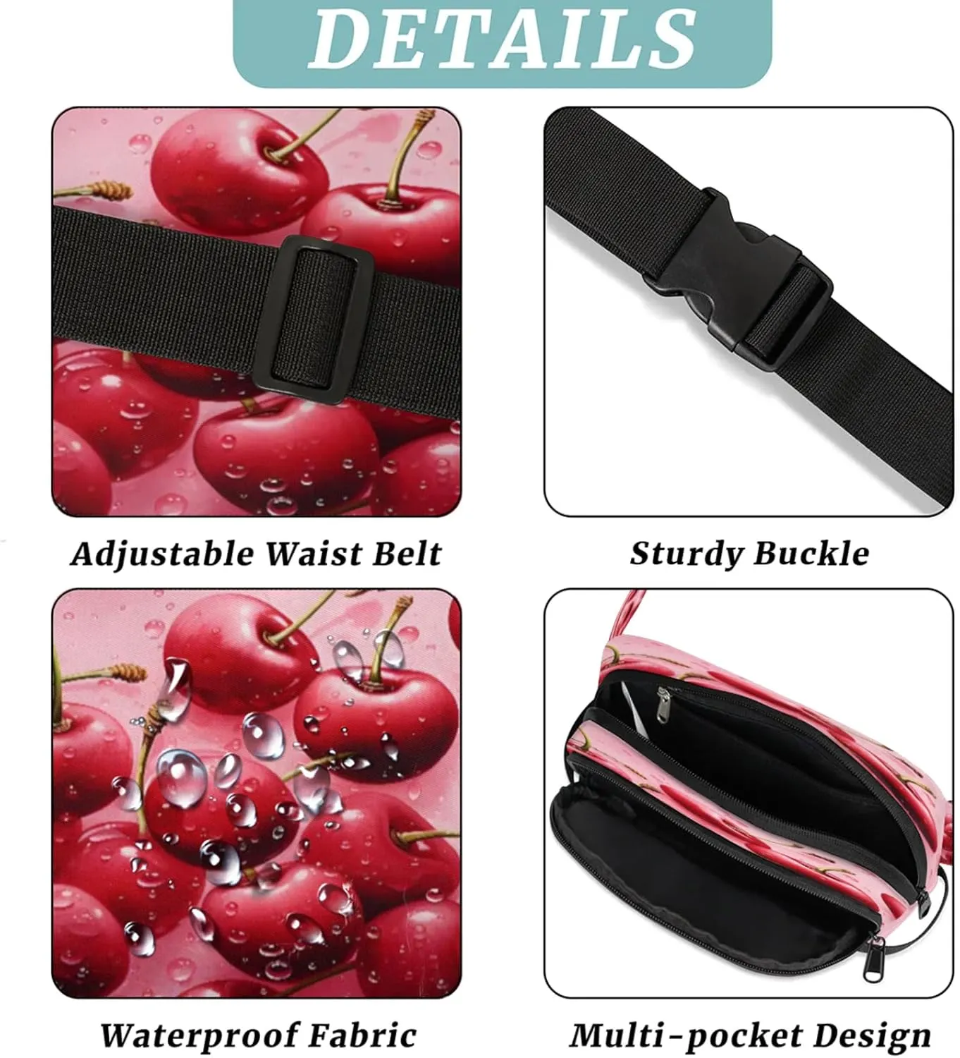 Cherry Splash Waterproof Unisex Square Fanny Pack, Adjustable Waist Bag with Pockets, Sturdy Lightweight Crossbody Bag for Travel, Running, Hiking (9x6.1x2.5 Inches)
