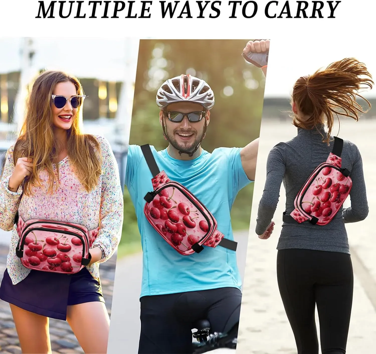 Cherry Splash Waterproof Unisex Square Fanny Pack, Adjustable Waist Bag with Pockets, Sturdy Lightweight Crossbody Bag for Travel, Running, Hiking (9x6.1x2.5 Inches)
