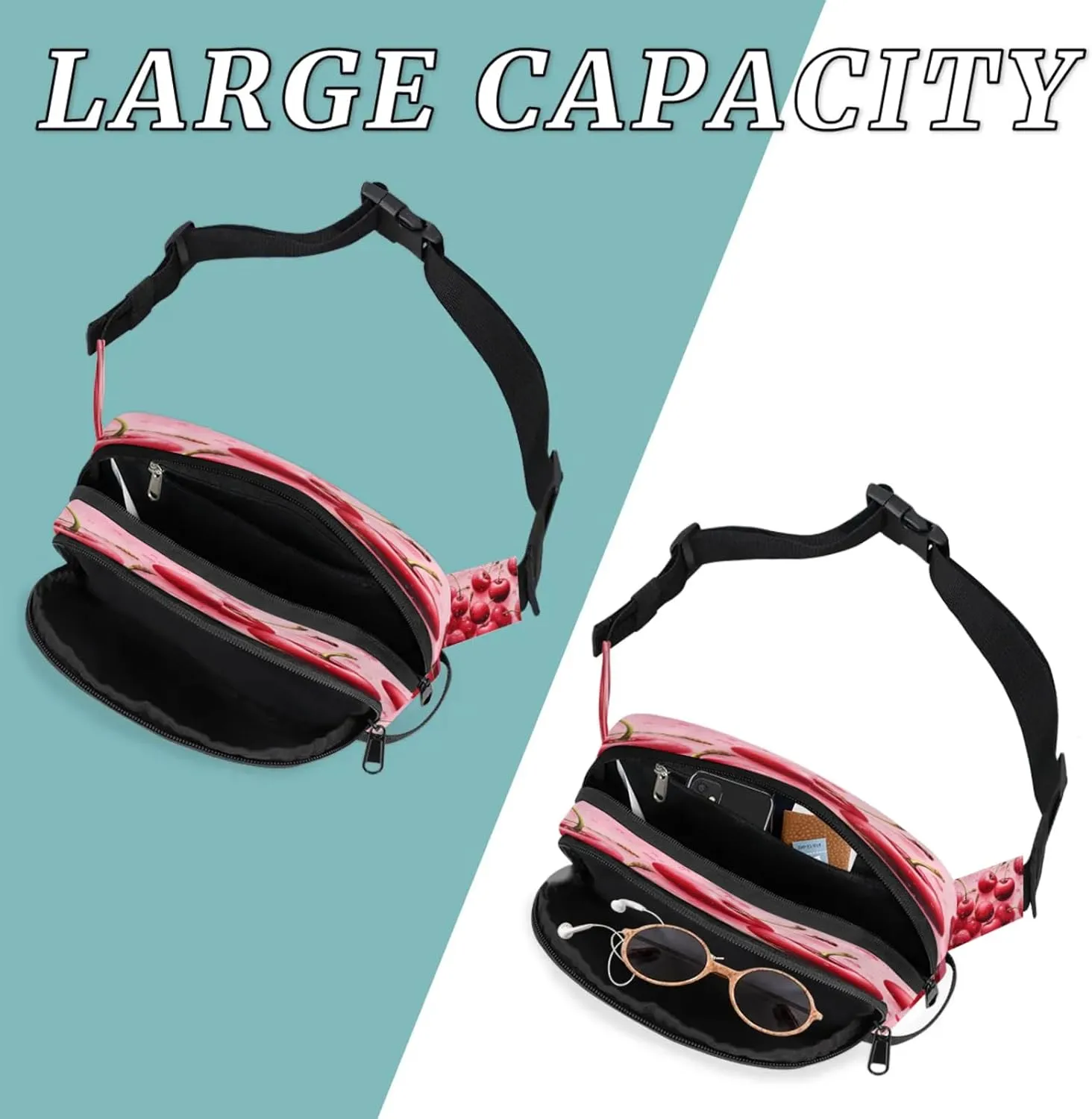 Cherry Splash Waterproof Unisex Square Fanny Pack, Adjustable Waist Bag with Pockets, Sturdy Lightweight Crossbody Bag for Travel, Running, Hiking (9x6.1x2.5 Inches)