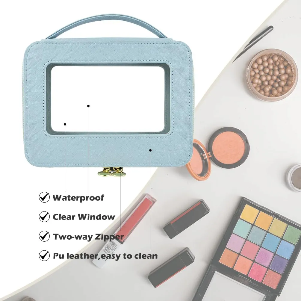 Clear Makeup Bag Organizer, Water-repellent Makeup Bags with Handle, Clear Skincare Bag for Toiletries, Compact Cosmetic Case for Touch-up (Blue)