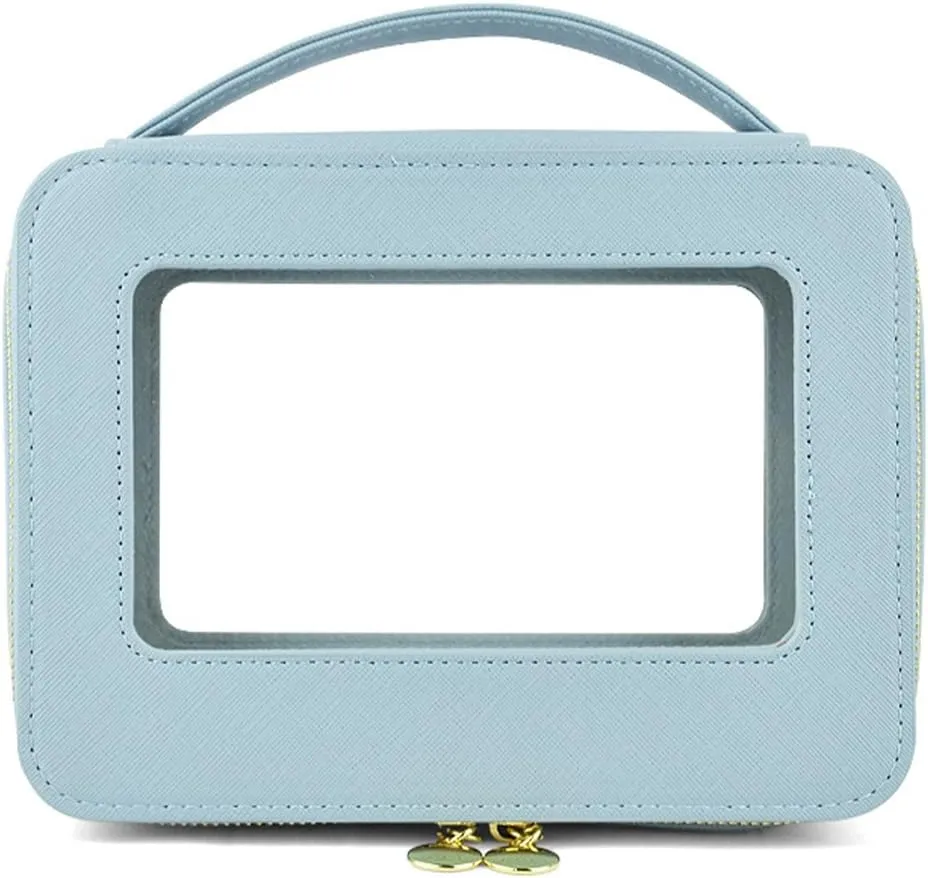 Clear Makeup Bag Organizer, Water-repellent Makeup Bags with Handle, Clear Skincare Bag for Toiletries, Compact Cosmetic Case for Touch-up (Blue)