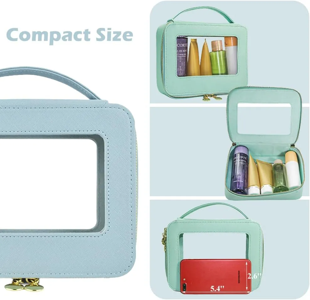 Clear Makeup Bag Organizer, Water-repellent Makeup Bags with Handle, Clear Skincare Bag for Toiletries, Compact Cosmetic Case for Touch-up (Blue)