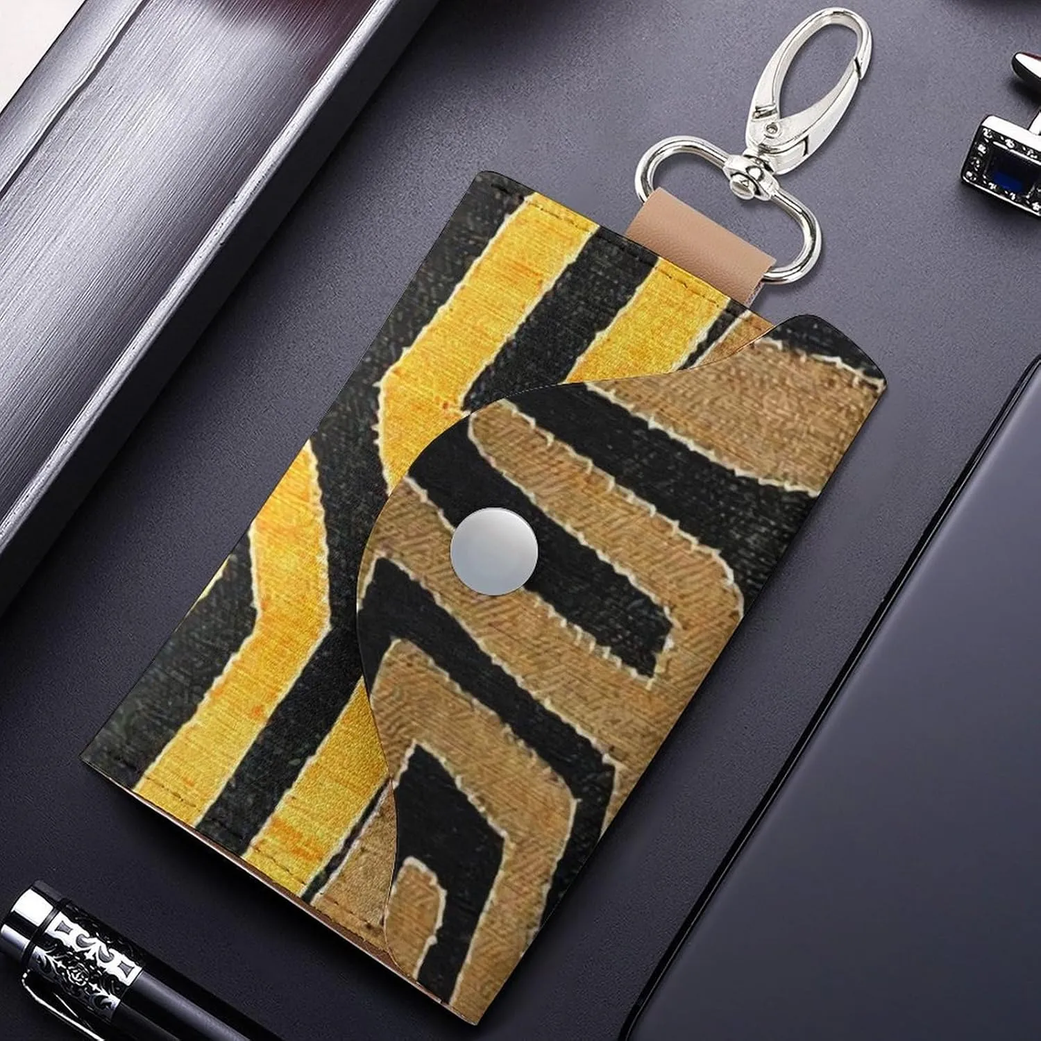 Contemporary African Mud Cloth Portable And Compact Leather Keybag