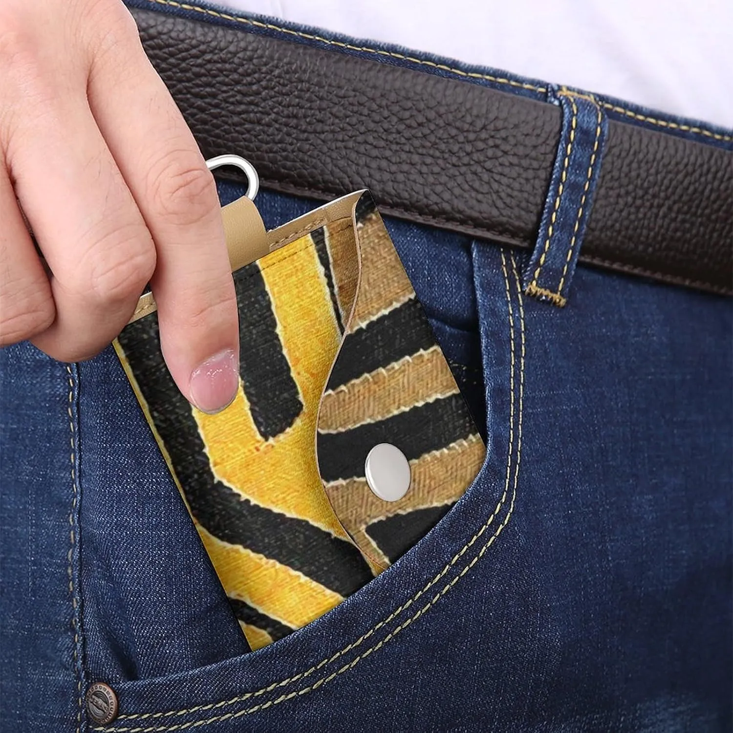 Contemporary African Mud Cloth Portable And Compact Leather Keybag