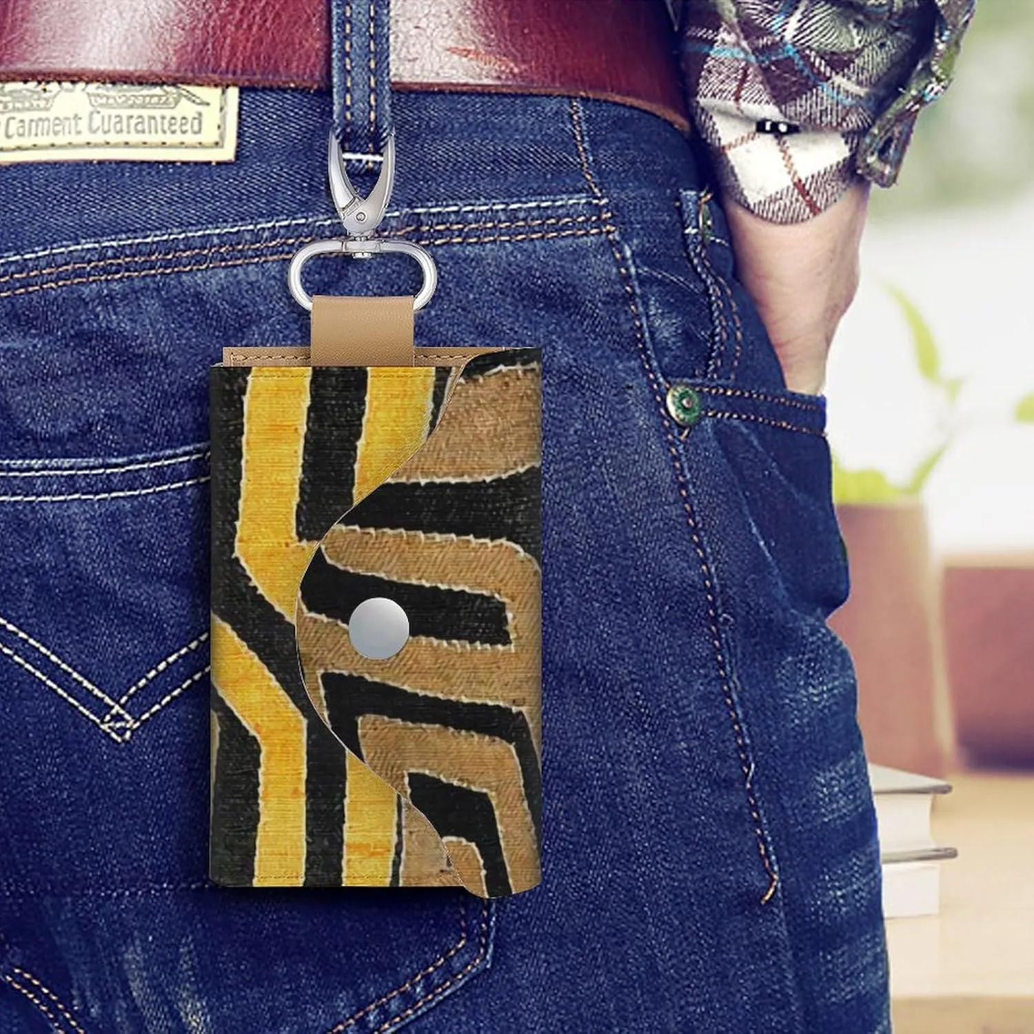 Contemporary African Mud Cloth Portable And Compact Leather Keybag
