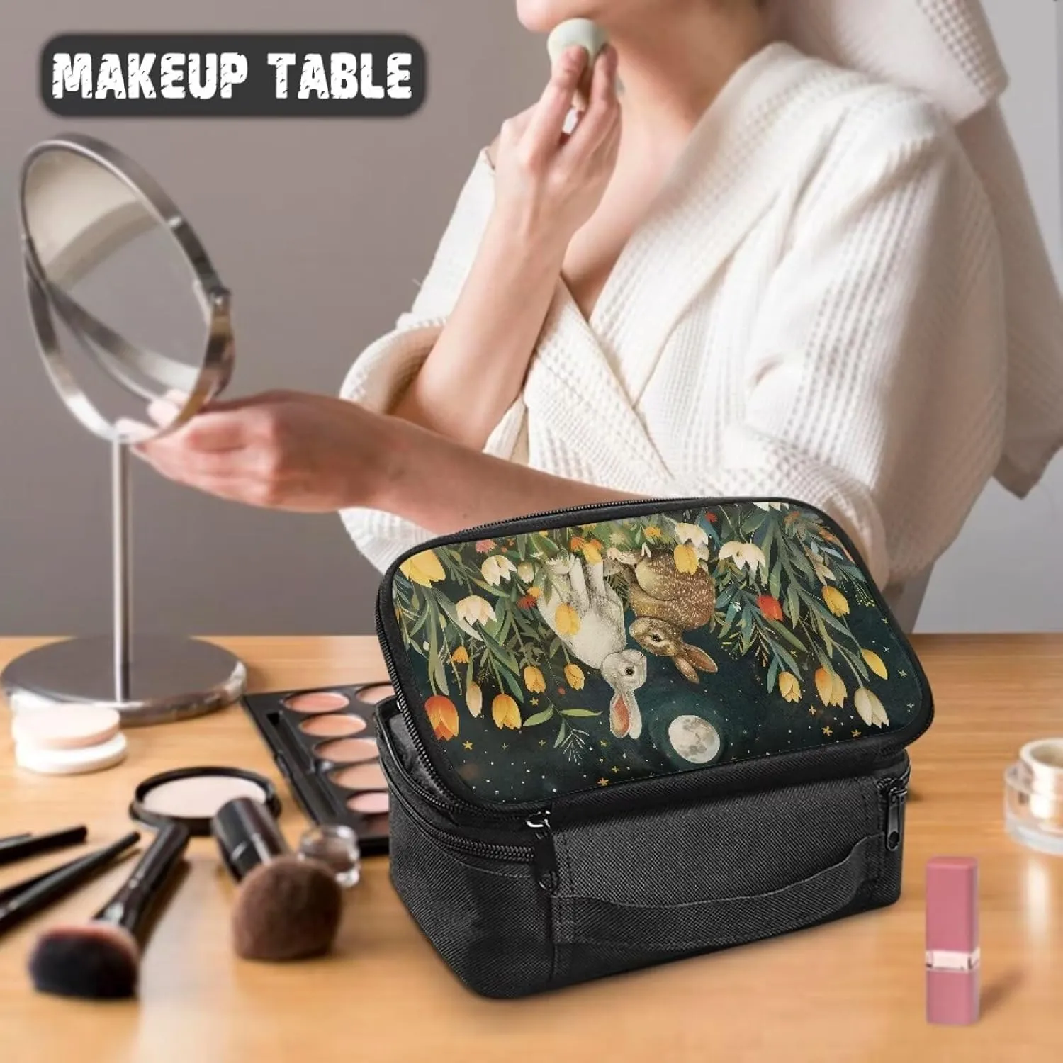 Cosmetic Bags for Women Small Makeup Bag for Purse Bunny Floral Make Up Bags with Divider Lightweight Makeup Bags for Women Travel Essentials Cosmetic Brush Bags