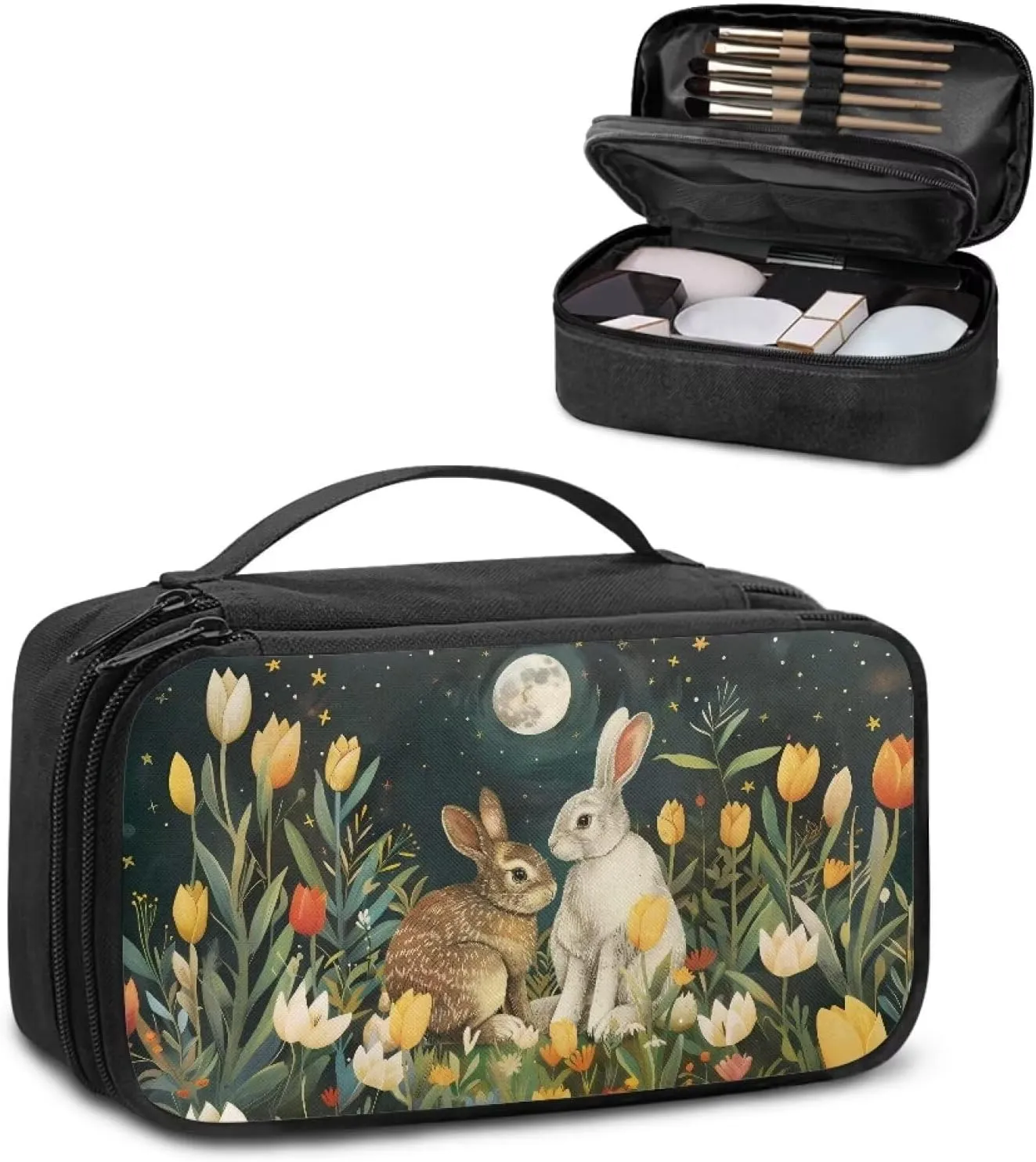 Cosmetic Bags for Women Small Makeup Bag for Purse Bunny Floral Make Up Bags with Divider Lightweight Makeup Bags for Women Travel Essentials Cosmetic Brush Bags