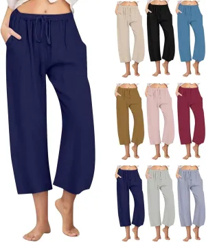 Cotton Linen Pants for Women 2025 Wide Leg Cropped Lounge Trousers Drawstring Elastic Waist Summer Beach Pant Outfits