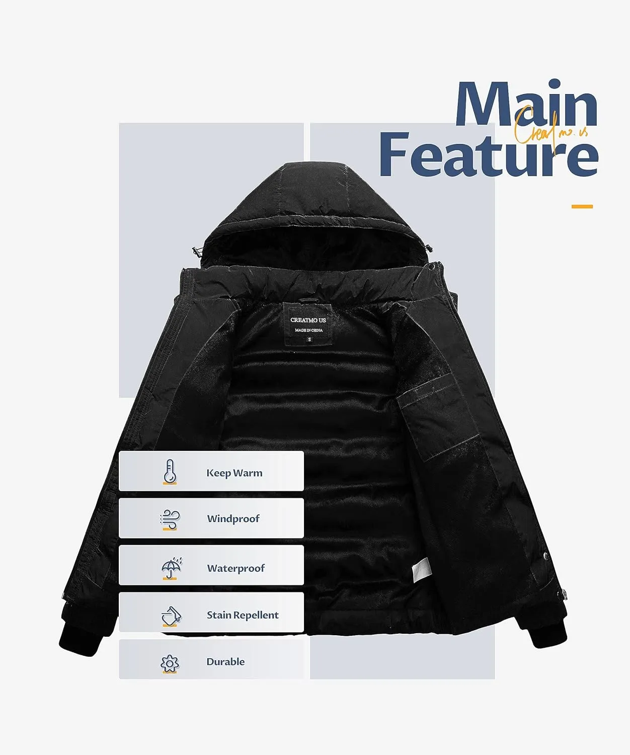 CREATMO US Women's Warm Winter Coat Waterproof Ski Jacket Padded Puffy Overcoat With Detachable Hood