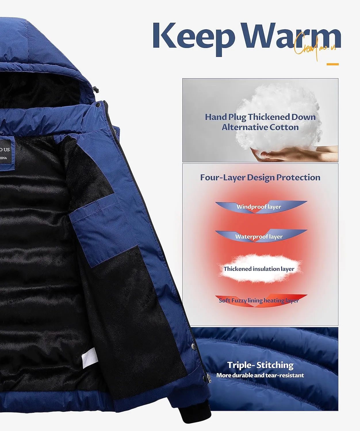 CREATMO US Women's Warm Winter Coat Waterproof Ski Jacket Padded Puffy Overcoat With Detachable Hood