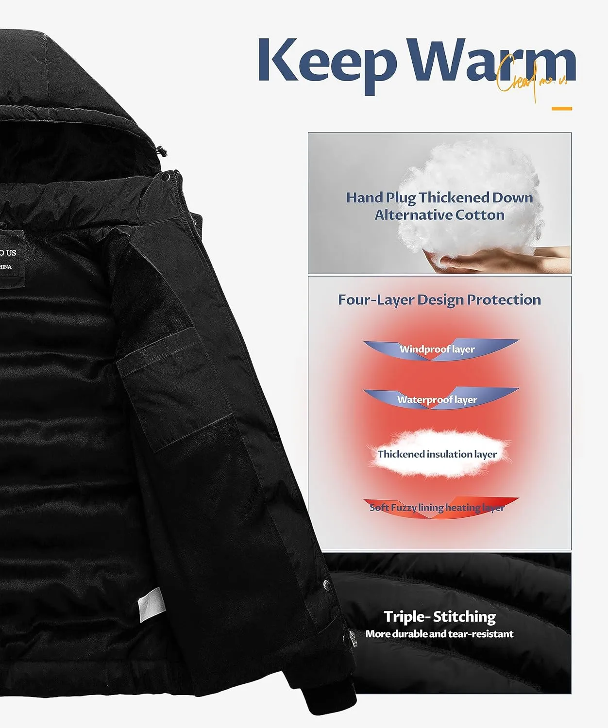 CREATMO US Women's Warm Winter Coat Waterproof Ski Jacket Padded Puffy Overcoat With Detachable Hood