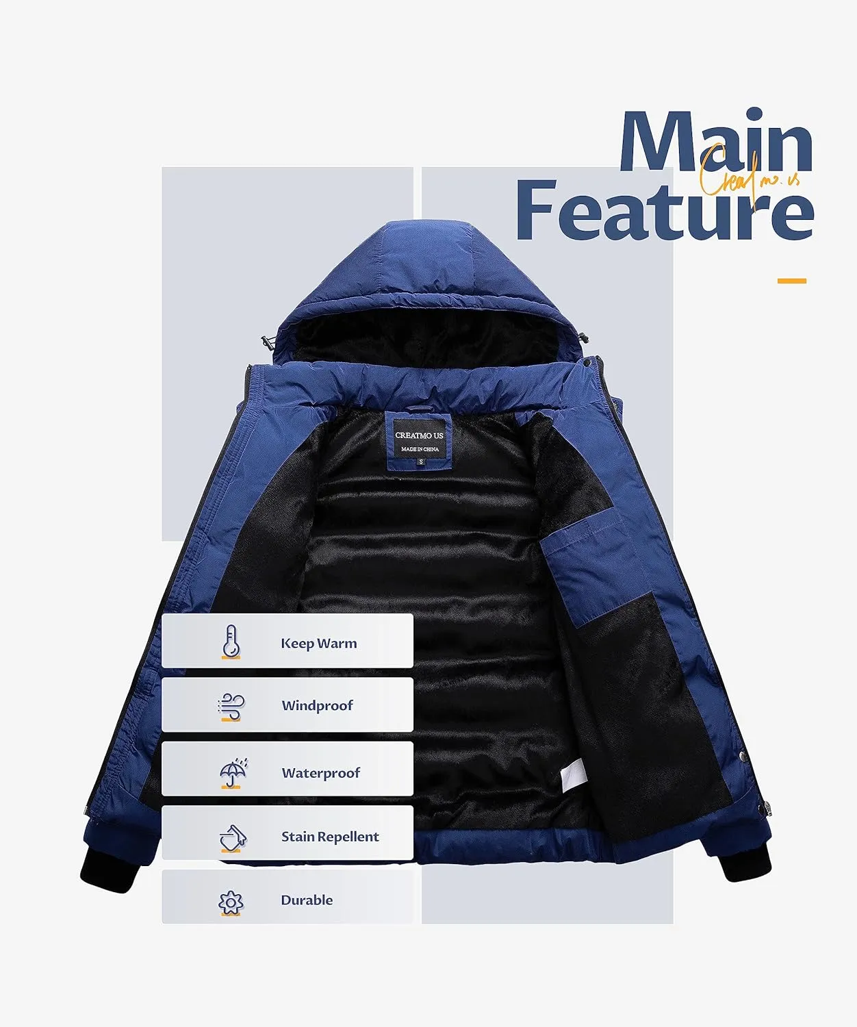 CREATMO US Women's Warm Winter Coat Waterproof Ski Jacket Padded Puffy Overcoat With Detachable Hood