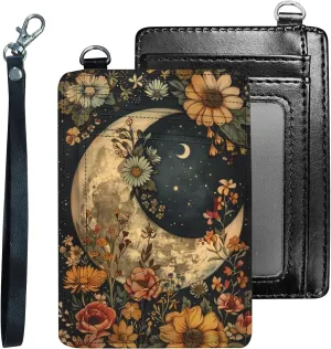 Credit Holder Slim Wallet, PU Leather RFID Blocking, Women & Men Front Pocket Floral Moon Small Card Holder, Credit Card Wallet with Wristlet, Convenient Travel Business